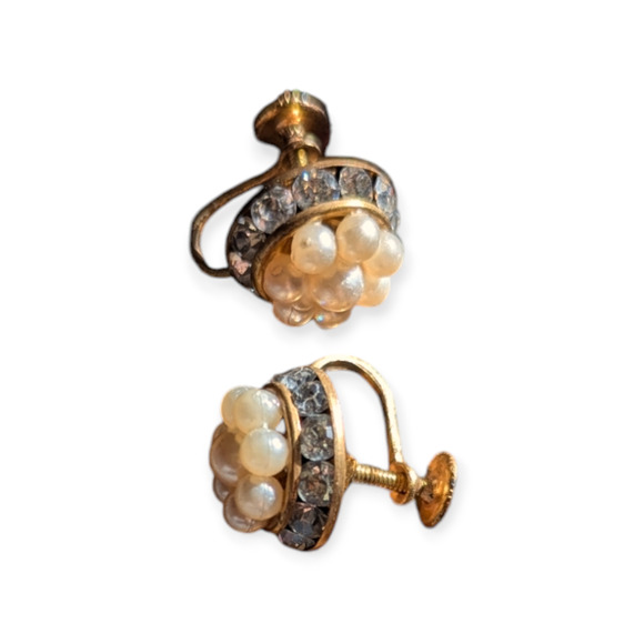 Vintage Gold tone screw-back earrings with glassine pearls and rhinestones - Picture 3 of 3
